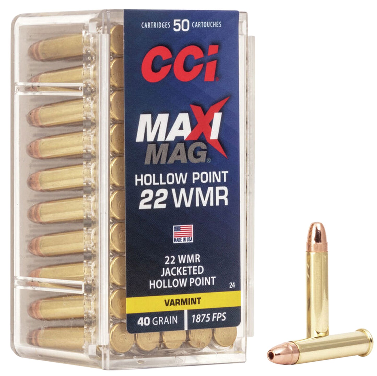 CCI 0024 Maxi-Mag Rimfire 22 WMR 40 gr Jacketed Hollow Point (JHP) 50 Per Box/ 40 Cs