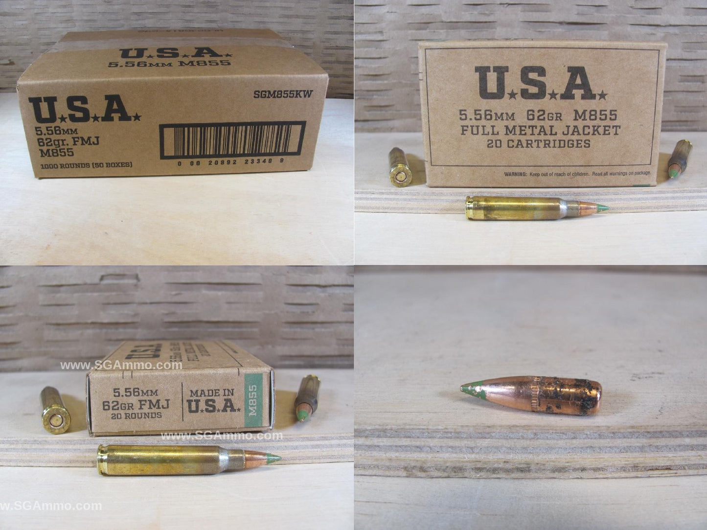 5.56mm 62 Grain FMJ M855 Green Tip Winchester Ammo - 20