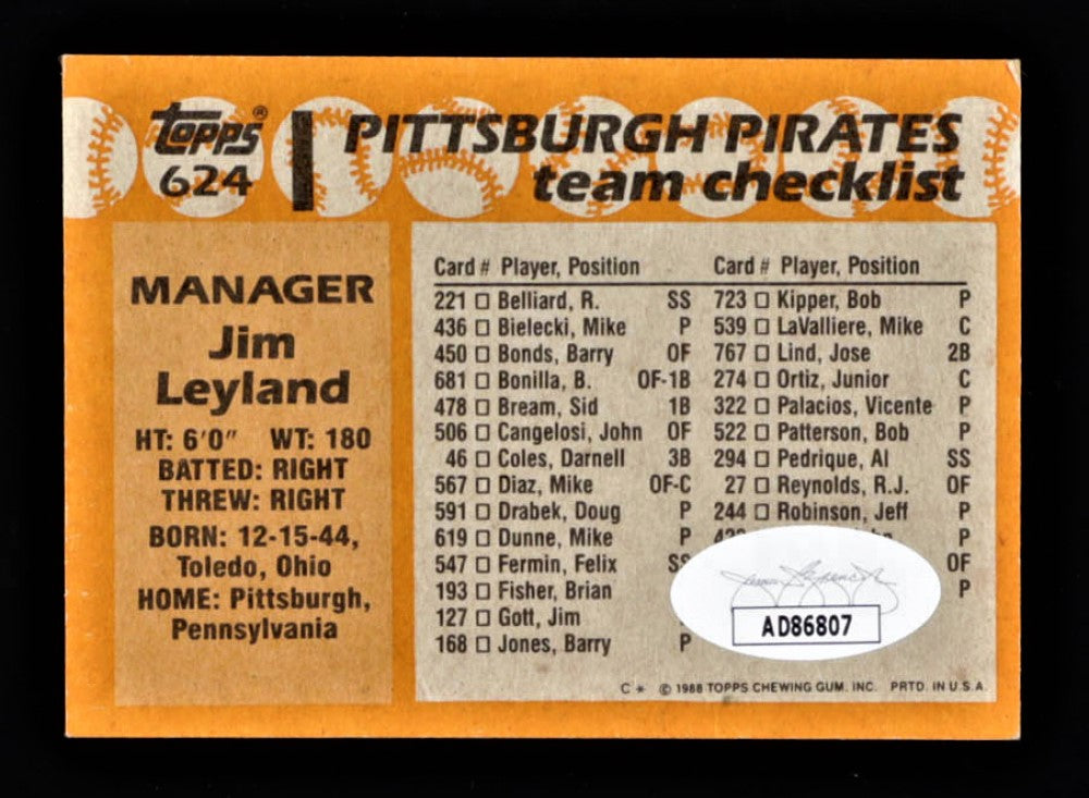 Jim Leyland Signed 1988 Topps #624 MG (JSA)