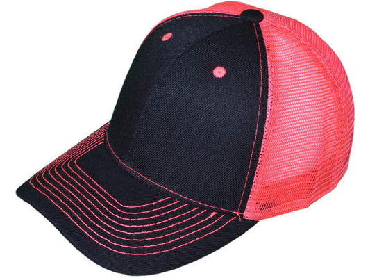 Polyester Snapback Trucker Hat - Black/Neon Pink