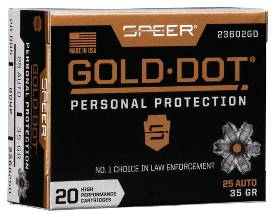 25 ACP 35 gr 900 fps Hollow Point (HP) Speer 23602GD Gold Dot Personal Protection 20 Bx/10 Cs