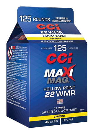 CCI 920CC Maxi-Mag Rimfire 22 WMR 40 gr Jacketed Hollow Point (JHP) 125 Per Box/ 10 Cs