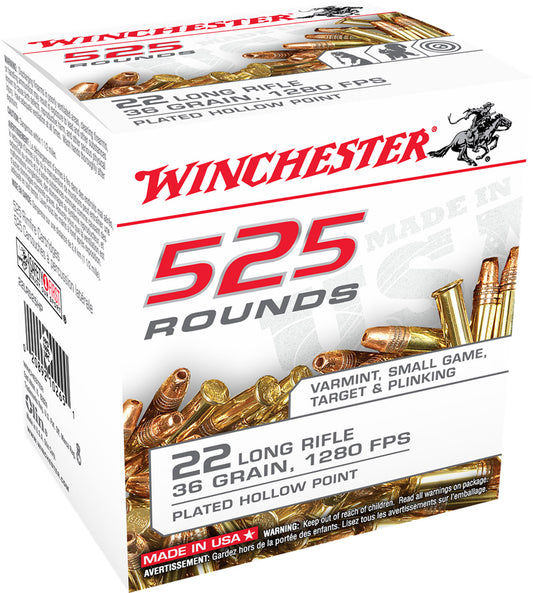 Winchester Ammo 22LR525HP USA 22 LR 36 gr Copper Plated Hollow Point (CPHP) 525 Bx/10 Cs (Bulk)