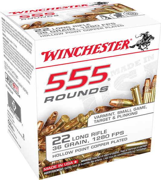 Winchester Ammo 22LR555HP USA 22 LR 36 gr Copper Plated Hollow Point (CPHP) 555 Bx/10 Cs (Bulk)