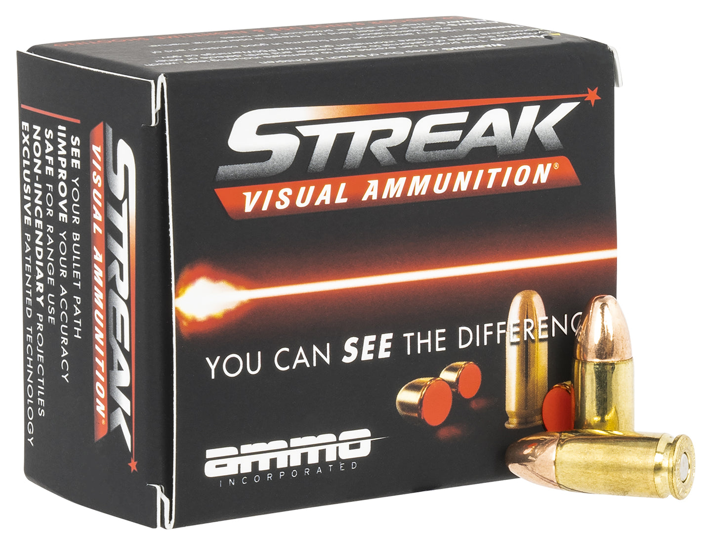 Ammo Inc RED Streak Visual (RED) Self Defense 9mm Luger 115 gr Total Metal Case (TMC) 20 Per Box/ 10 Cs