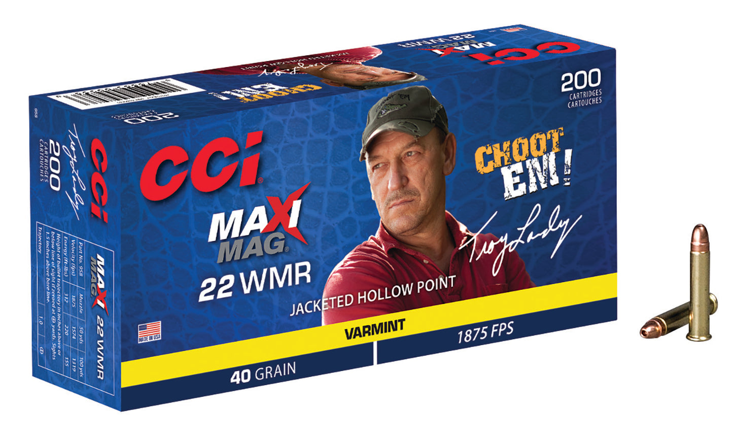 CCI 958 Maxi-Mag Varmint 22 WMR 40 gr Jacketed Hollow Point (JHP) 200 Per Box/ 10 Cs