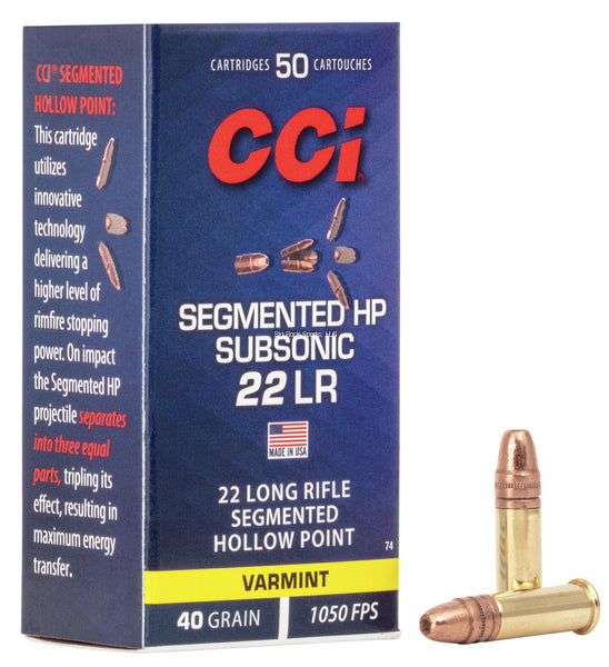 CCI 0074 Segmented Hollow Point Rimfire Ammo 22 LR, CPSHP, 40 Grains, 1050 fps, 50 Rounds, Boxed