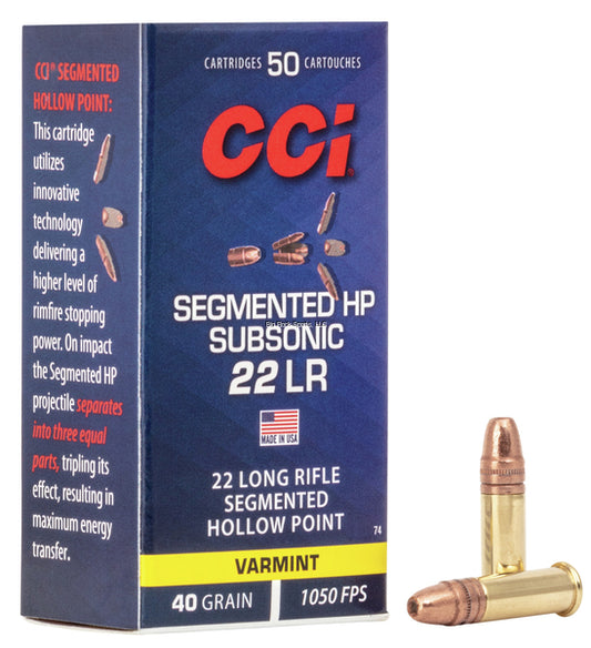 CCI 0074 Segmented Hollow Point Rimfire Ammo 22 LR, CPSHP, 40 Grains, 1050 fps, 50 Rounds, Boxed