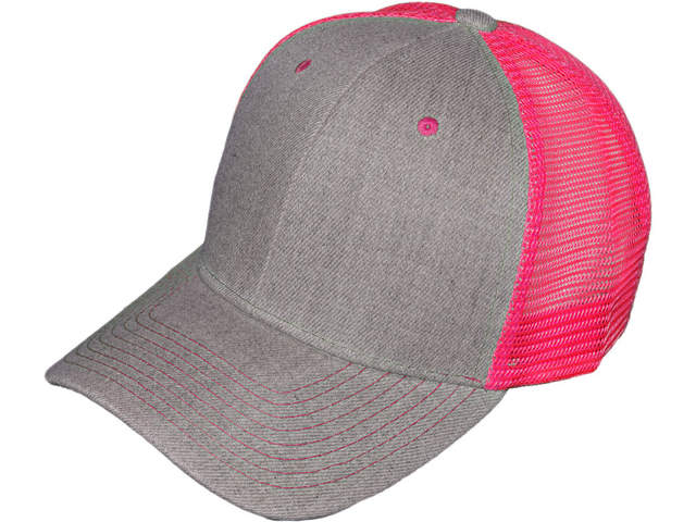 Polyester Snapback Trucker Hat - Heather Gray/Neon Pink