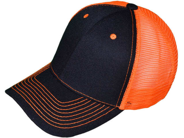 Polyester Snapback Trucker Hat - Black/Neon Orange