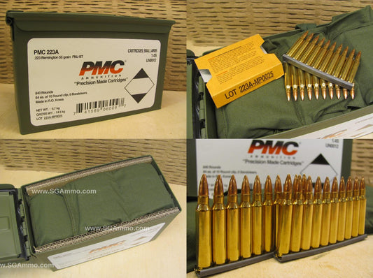 223 Rem 55 Grain FMJ-BT Ammo by PMC on AR15 Stripper Clips and Bandoleers in Ammo Can - 840 Rounds