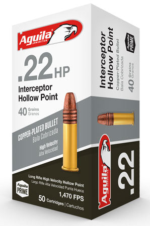 Aguila 1B220321 Interceptor Rimfire 22 LR 40 gr Copper Plated Hollow Point (CPHP) 50 Per Box/ 20 Cs