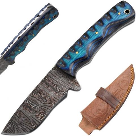 Old Ram Handmade Full Tang Damascus Steel Blade Hunting Knife Blue Wood Handle