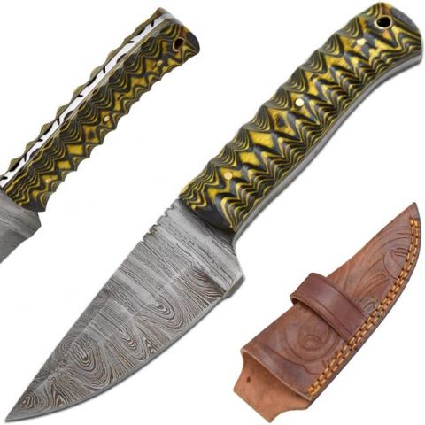 Old Ram Handmade Custom Damascus Hunting Knife Twisted Yellow Wood Handle