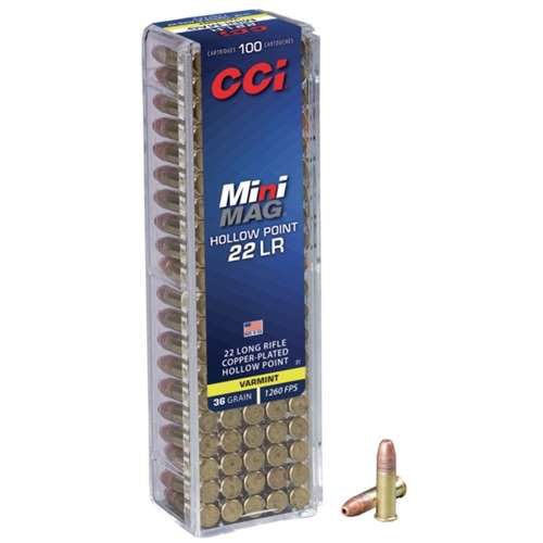 CCI 0031 Mini Mag HP Rimfire Ammo 22 LR, CPHP, 36 Grains, 1260 fps, 100 Rounds
