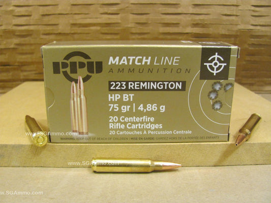 223 Rem Match 75 Grain BTHP Hollow Point Prvi Partizan Ammo - 20