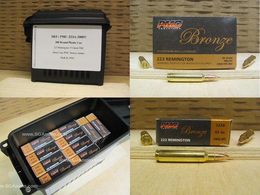 223 Rem PMC 55 Grain FMJ-BT Brass Case Ammo - 223A - Packed in Small Plastic Canister - 200 Rounds