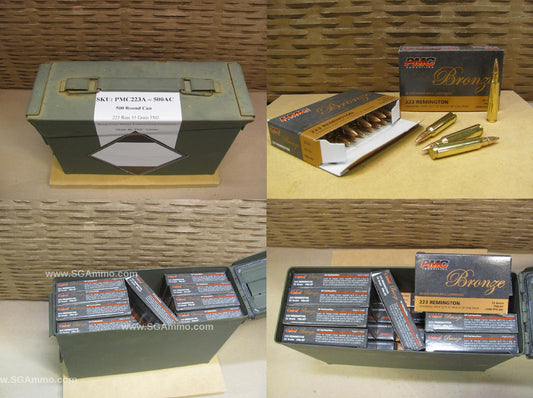 223 Rem PMC 55 Grain FMJ-BT Brass Case Ammo Packed in M19A1 Ammo Canister - 500 Rounds