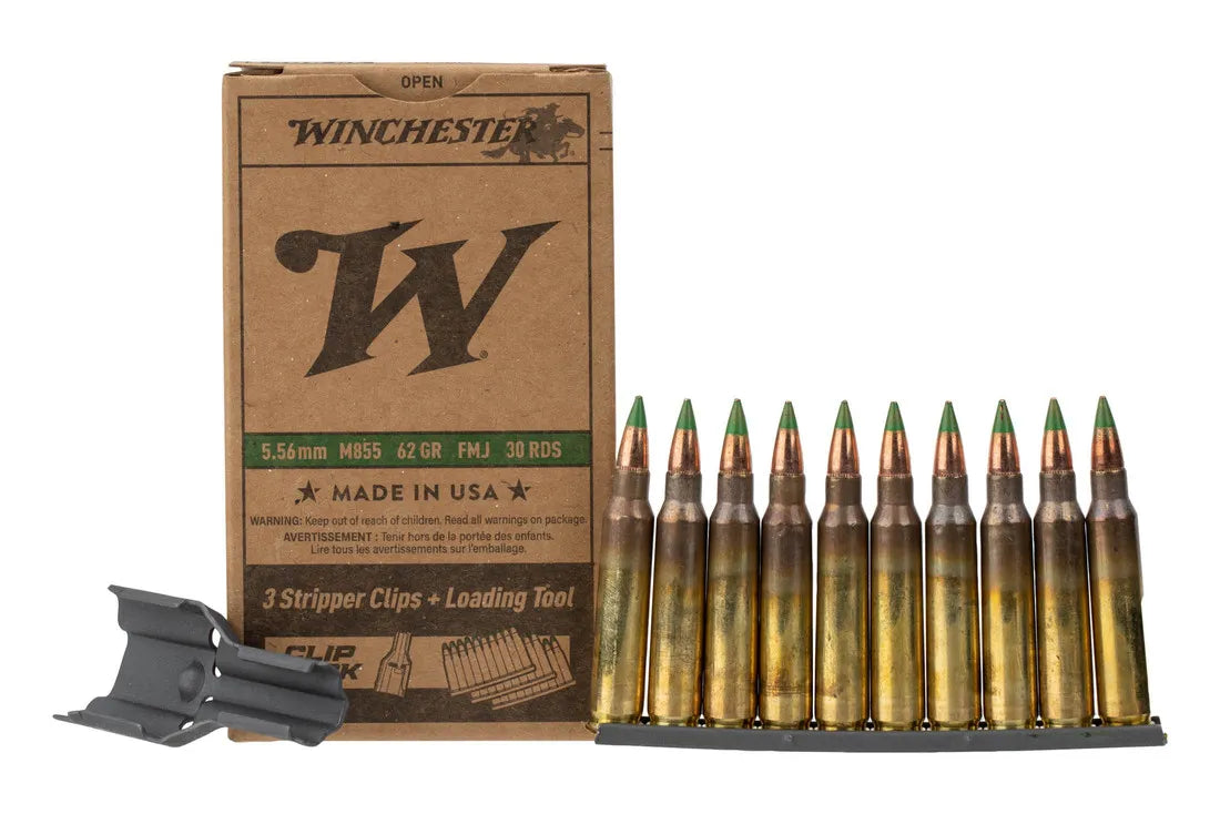 5.56mm 62 Grain FMJ Winchester M855 Green Tip Ammo on Stripper Clips - 30