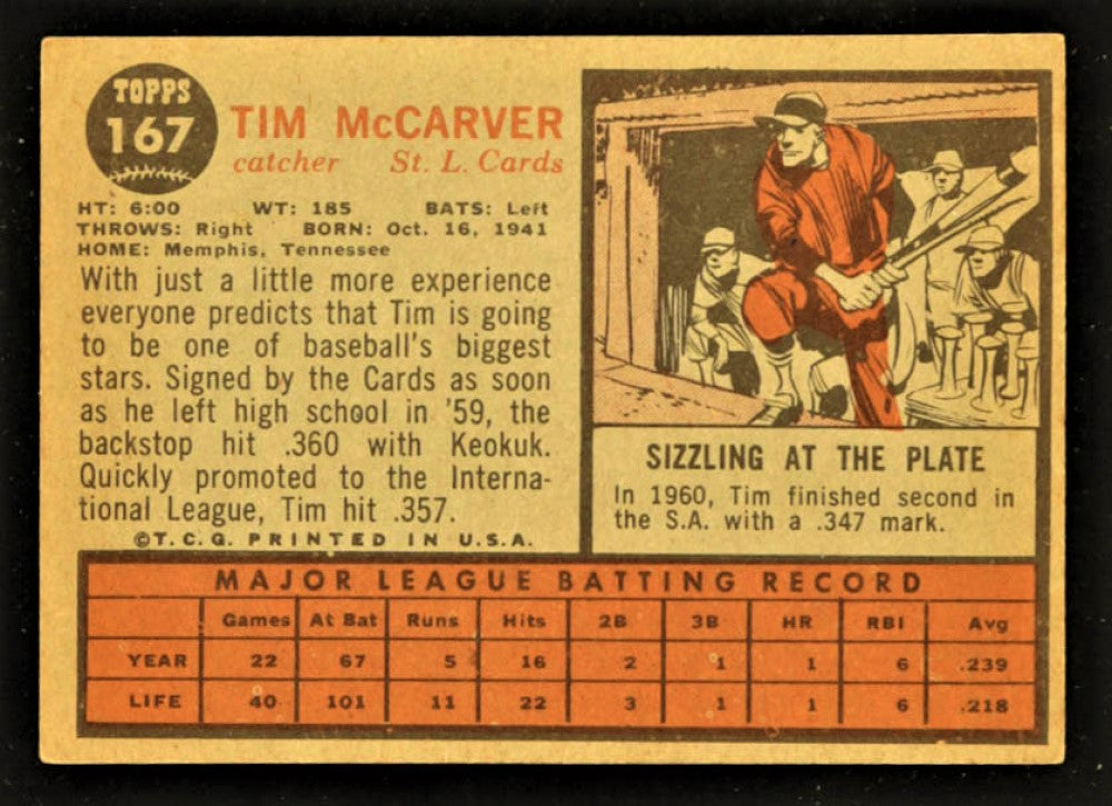 Tim McCarver 1962 Topps #167 RC