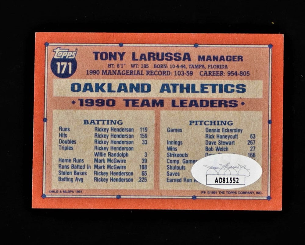 Tony LaRussa Signed 1991 Topps #171 MG (JSA)