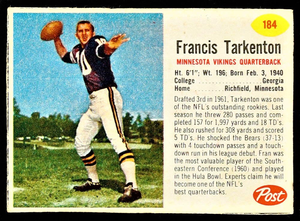 Fran Tarkenton 1962 Post Cereal #184 RC