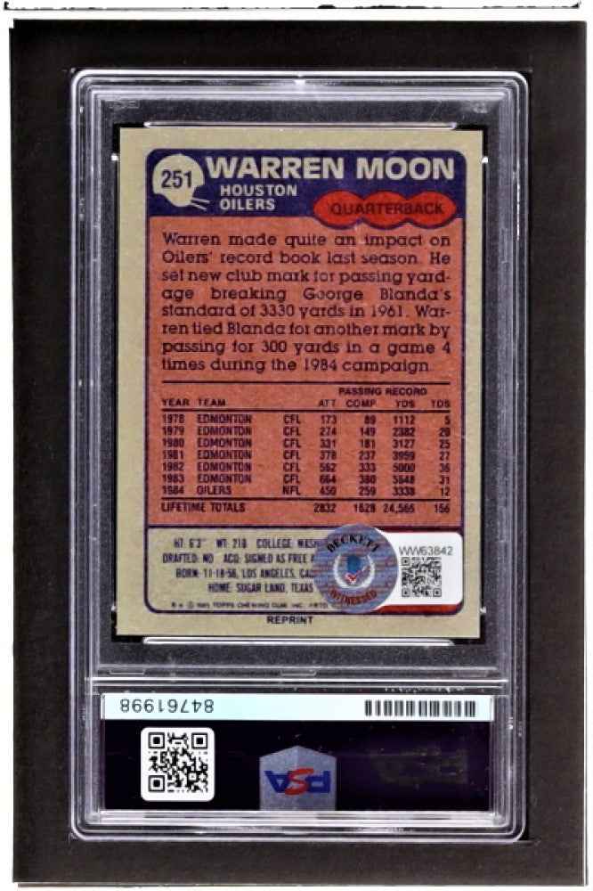 Warren Moon Signed 1985 Topps #251 RC Reprint Inscribed "HOF 06" (PSA & Beckett)